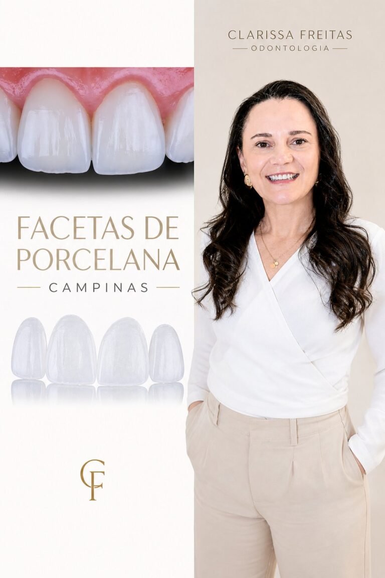 Dra. Clarissa Freitas analisando planejamento digital de facetas de porcelana em Campinas com foco em naturalidade e preservação dental.