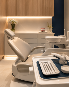 Consultório odontológico sofisticado em Campinas para tratamento com facetas de porcelana com foco em conforto, segurança e estética dental natural.