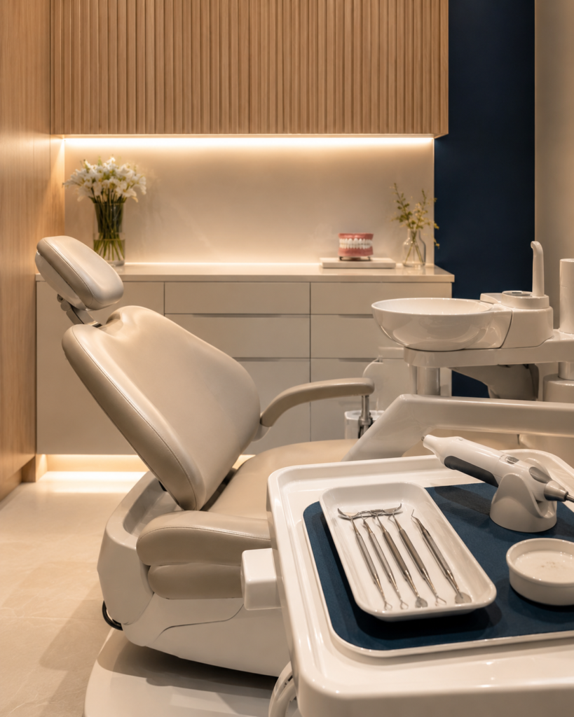 Consultório odontológico sofisticado em Campinas para tratamento com facetas de porcelana com foco em conforto, segurança e estética dental natural.