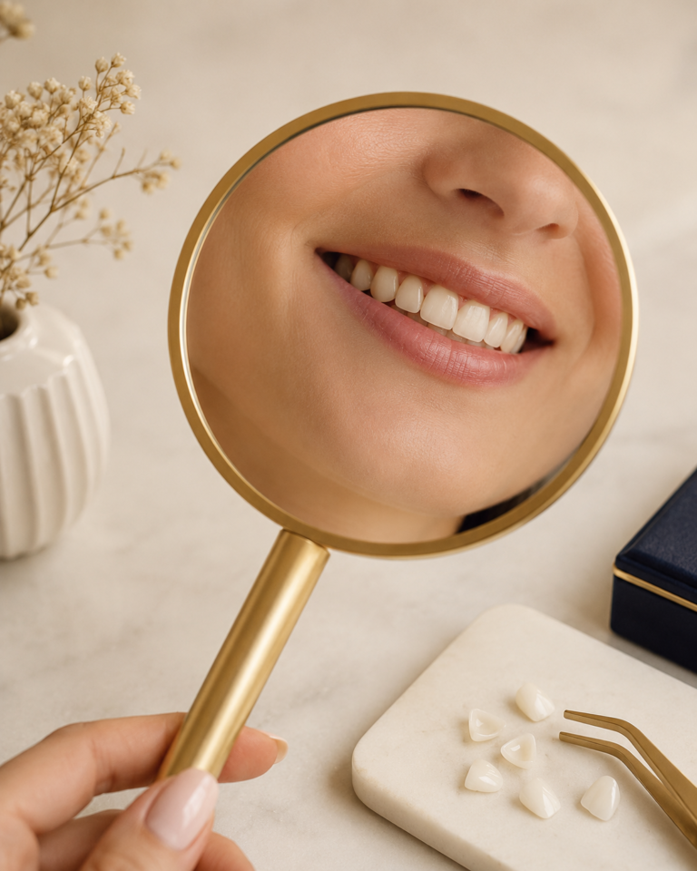 Sorriso natural refletido no espelho representando facetas de porcelana em Campinas com foco em autoestima e estética dental natural.