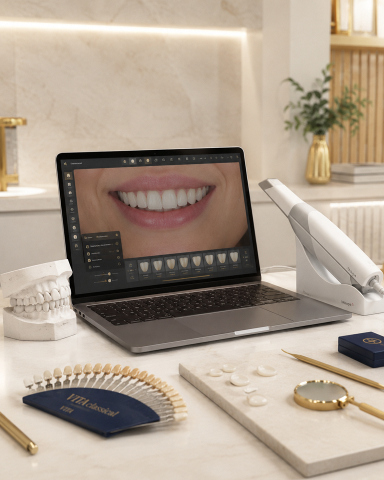 Planejamento digital de facetas de porcelana em Campinas com scanner intraoral, laptop e lâminas cerâmicas para sorriso natural.