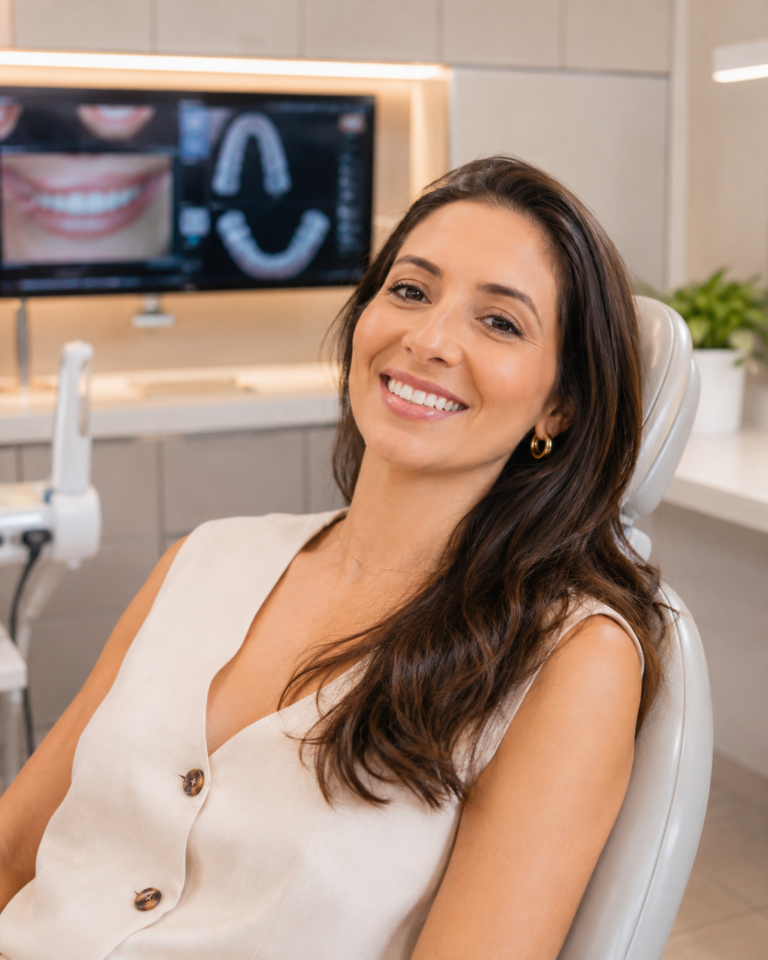 Paciente sorrindo após planejamento estético para faceta ou lente de contato dental em Campinas
