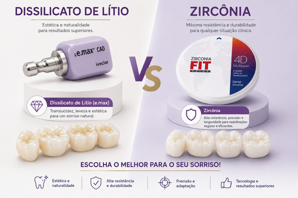 Restauração cerâmica odontológica representando a escolha entre zircônia ou dissilicato de lítio em Campinas.