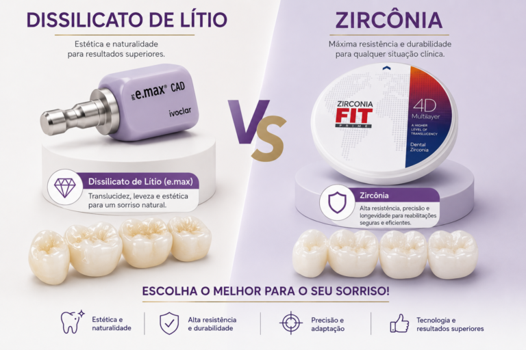 Restauração cerâmica odontológica representando a escolha entre zircônia ou dissilicato de lítio em Campinas.
