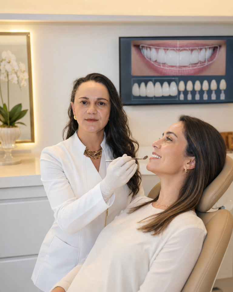 Avaliação estética para escolher entre faceta de cerâmica ou clareamento dental em Campinas na Freitas Odontologia.
