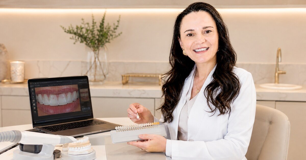 Dra. Clarissa Freitas em planejamento de facetas de porcelana com mockup e tecnologia digital