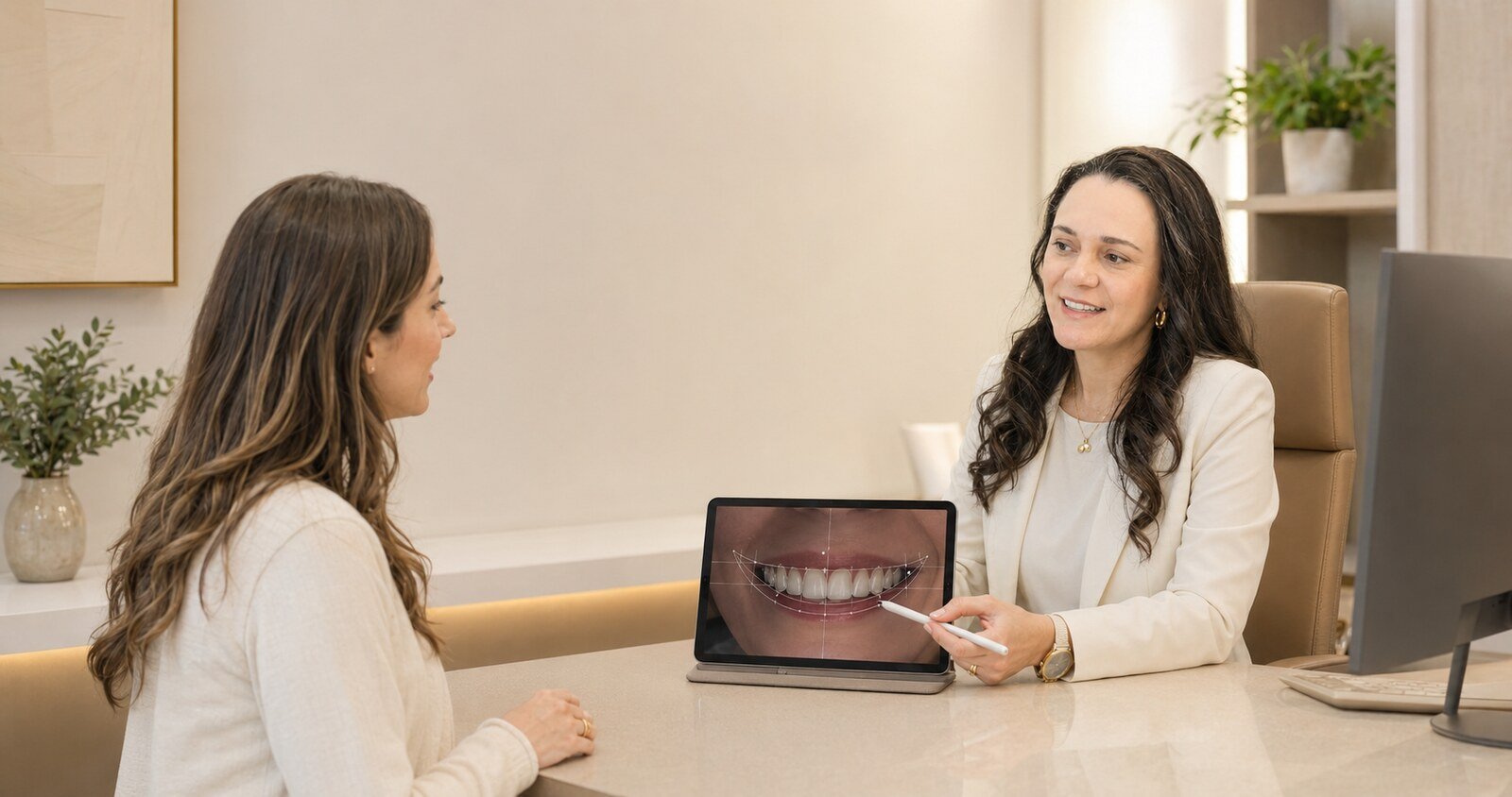 Dra. Clarissa Freitas conversa com paciente sobre planejamento do sorriso
